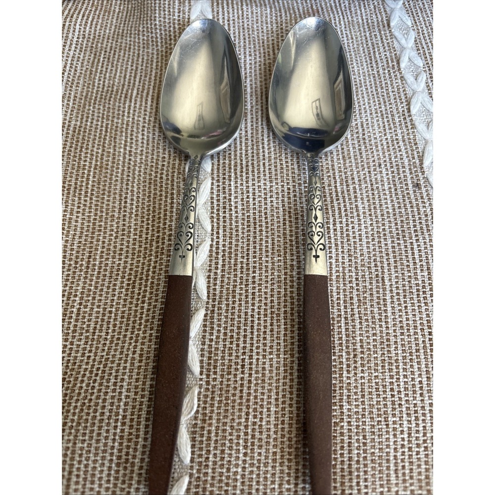 VTG Interpur‎ Japan Stainless Scroll Pattern Wood Handle Qty 2 Soup Spoons